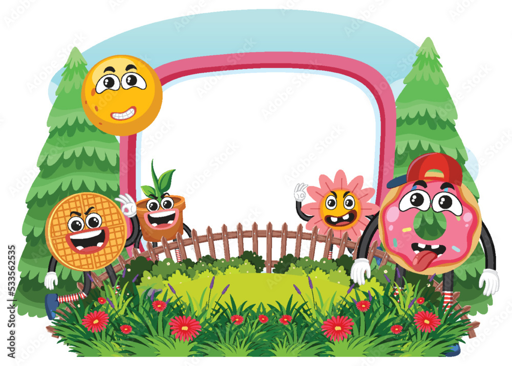 Fototapeta premium Funny food cartoon character in garden banner