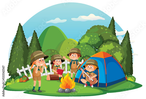 Children camping out forest scene