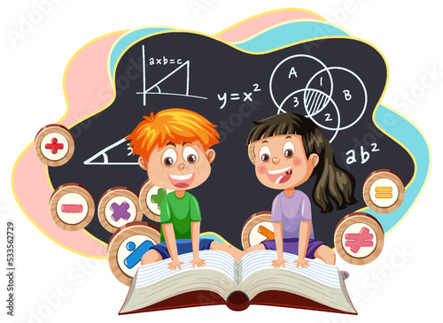Two kids reading book cartoon character