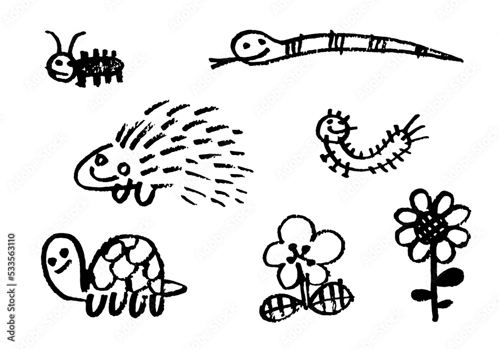 子供の落書き風スケッチ:小動物とお花 子供の落書き風スケッチ:小動物とお花