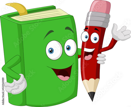 Cute book and pencil cartoon