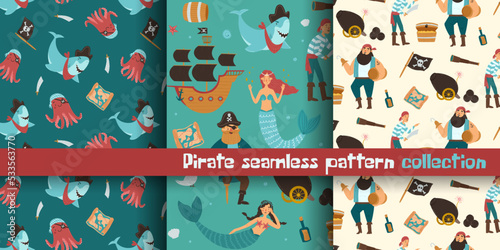 Set of seamless patterns with pirates, shark and mermaid. Brave pirates, beautiful mermaids, cute underwater inhabitants and pirate items: map, ship, sword, treasure chest. Collection of three vector