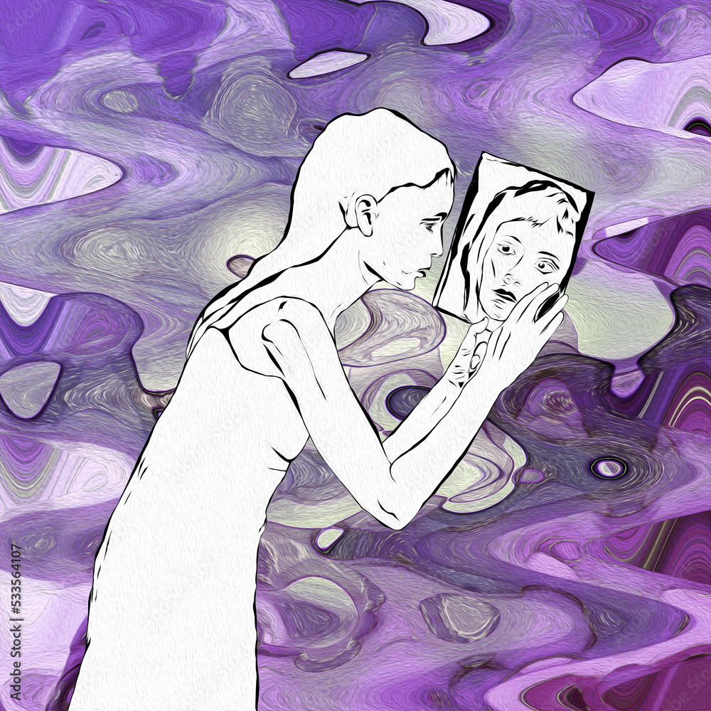Ilustracja sylwetka młodej kobiety przeglądającej się w lustrze - obrazy, fototapety, plakaty 