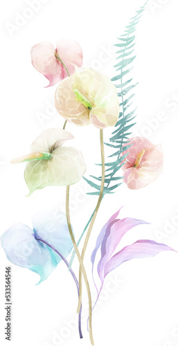 Tropical Exotic Floral Bouquet Green Leaf Boho Pastel Watercolor Ethereal Jungle