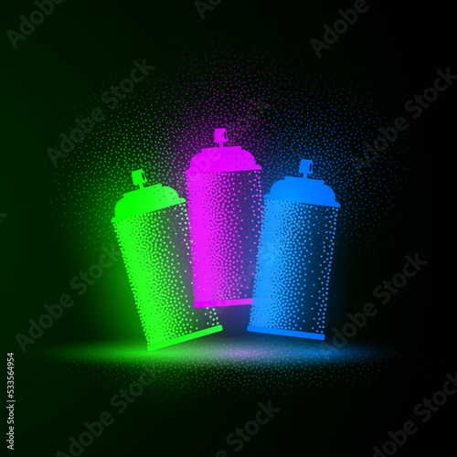 Three neon cans of paint on a black background. Vector Spray can of neon paint and dotted texture effect.