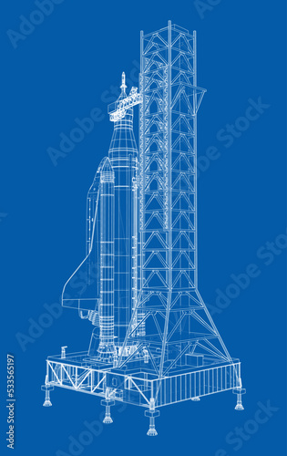 Space Rocket on launch pad. Vector rendering of 3d