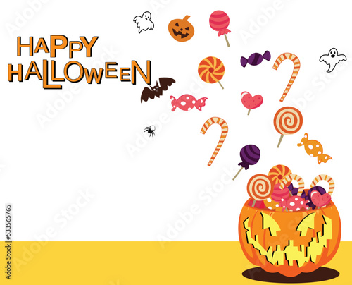 halloween background with jack o lantern pumpkin filled with candy