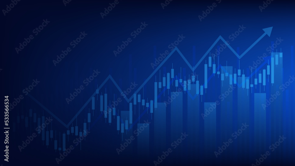 Financial business statistics with bar graph and candlestick chart show stock market price and effective earning on blue background Financial business statistics with bar graph and candlestick chart show stock market price and effective earning on blue background