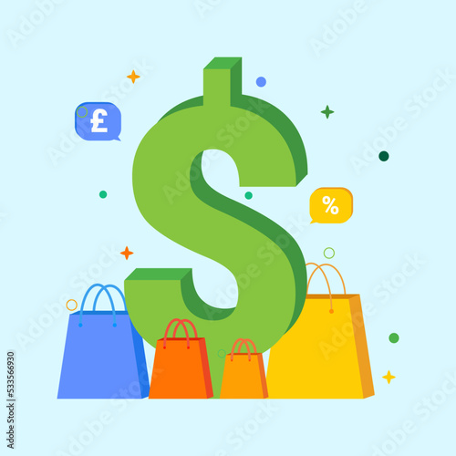 Shopping dollar currency vector flat design