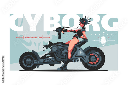 Female cyborg rider or cyberpunk girl on motorbike