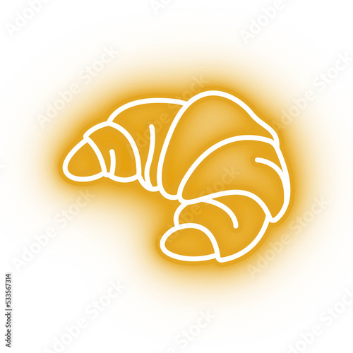 Neon yellow croissant icon, glowing gold croissant with transparent background