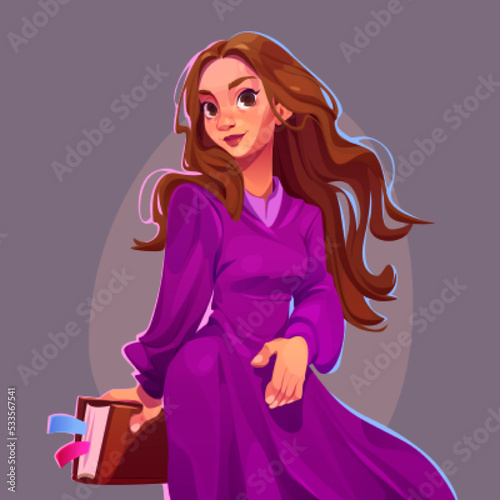 Attractive girl in purple dress. Beautiful female student hold book. Vector cartoon illustration of pretty fashion model, young woman with long hair. Portrait of romantic and smart lady