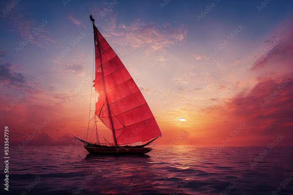3d illustration of Sailboat in the Mediterranean Sea at sunset