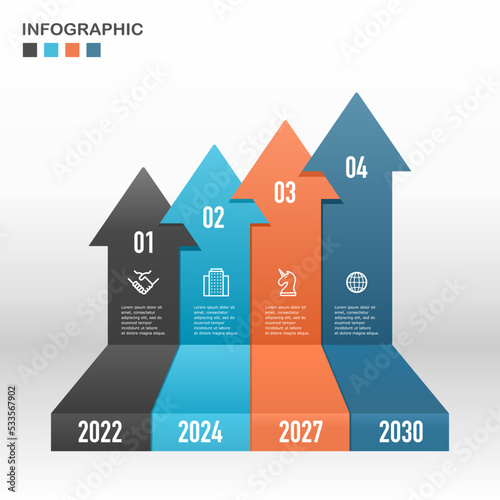 Infographic presentation 4 years of data company. Infographic 4 options. Arrow style. Infographic showing company growth. Vector Illustration.