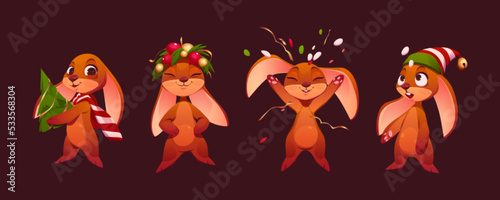 Set of Christmas bunnies isolated on background. Vector illustration of cartoon animals with New Year tree, throwing confetti, playing with snow, wearing Santa Claus hat. Postcard design character