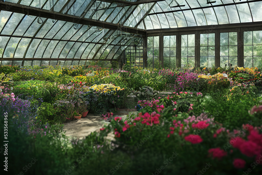 3d illustration greenhouse with glass walls and roof flowering beds