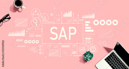 SAP - Business process automation software theme with a laptop computer on a pink background