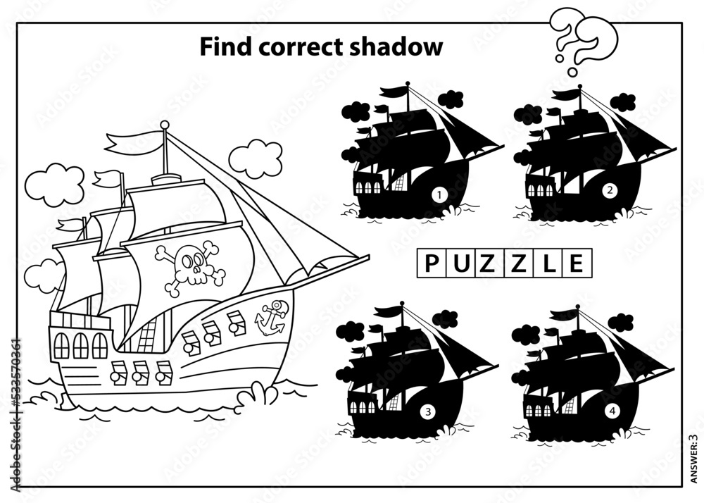 Puzzle Game for kids. Find correct shadow. Coloring Page Outline Of cartoon pirate ship. Sailboat with black sails with skull in sea. Coloring book for children.