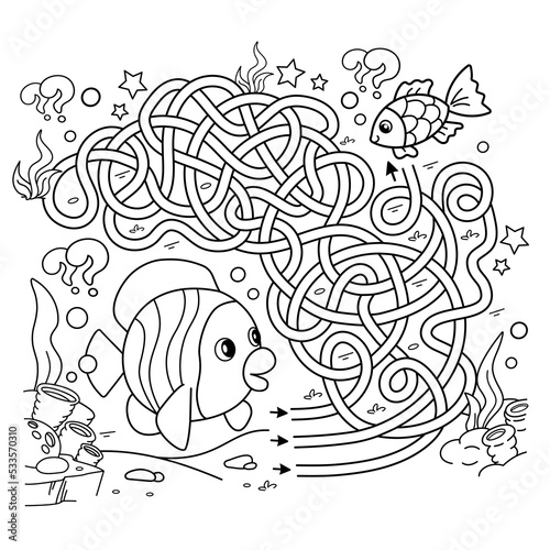 Maze or Labyrinth Game. Puzzle. Tangled road. Coloring Page Outline Of cartoon fishes. Underwater world. Coloring Book for kids.
