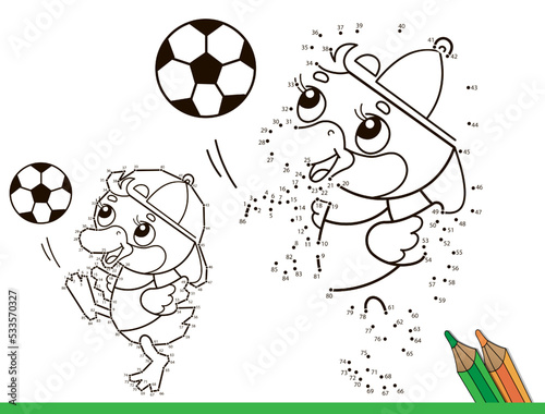 Puzzle Game for kids: numbers game. Coloring Page Outline Of cartoon duck or duckling with soccer ball. Football. Sport. Coloring Book for children.