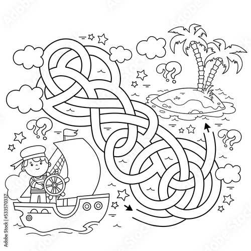 Maze or Labyrinth Game. Puzzle. Tangled road. Coloring Page Outline Of cartoon sail ship with sailor. Sea travelling. Coloring book for kids.