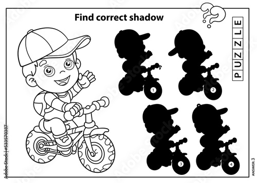 Puzzle Game for kids. Find correct shadow. Coloring Page Outline Of a cartoon fan boy on a bicycle or bike. Coloring book for children.
