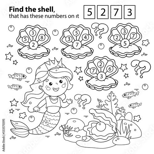 Math game. Puzzle for kids. Coloring Page Outline Of cartoon beautiful little mermaid. Marine princess. Underwater world. Coloring Book for children.