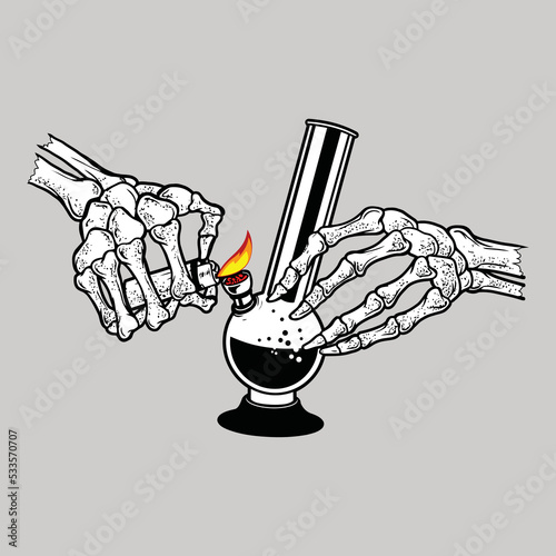 skeleton hand holding a glass bong