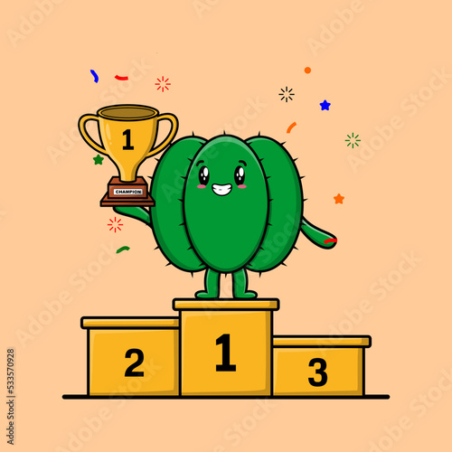 Cute cartoon Cactus character as the first winner with happy expression in modern illustration