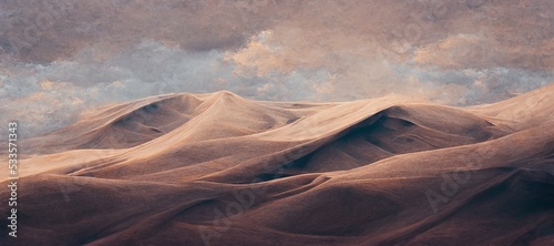 Endless desolate desert dunes, far horizon with spectacular clouds. Waves of surreal sand fabric folds landscape. Minimalist lost and overwhelming lonely feeling - moody subdued brown color tones.
