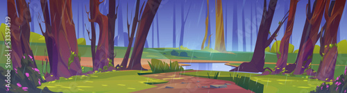 Summer rain in forest wild nature landscape. Cartoon background with trees, puddle and bushes on green field under water shower falling from dull grey sky. Storm at wild woodland, Vector illustration