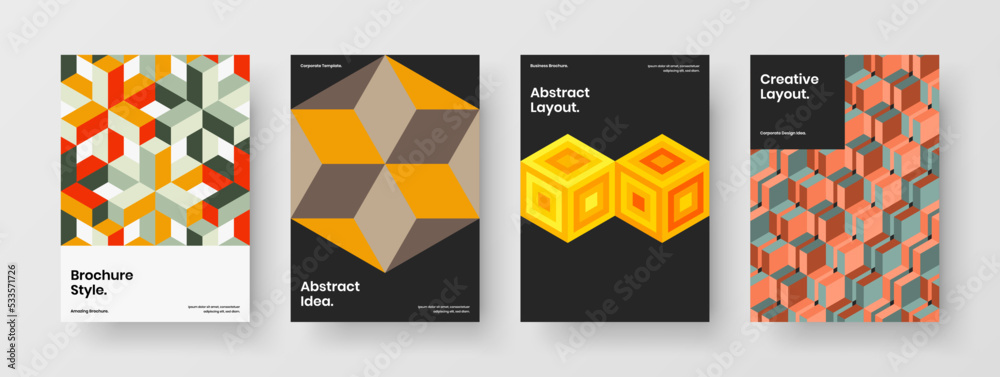 Unique mosaic hexagons presentation layout bundle. Colorful poster design vector illustration composition.