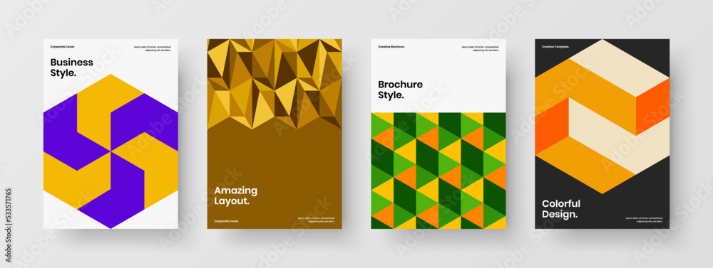 Colorful mosaic pattern leaflet layout composition. Fresh cover A4 design vector concept set.