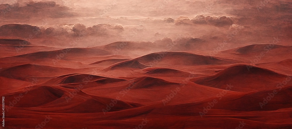 Endless desolate desert dunes, far horizon with spectacular clouds. Waves of surreal sand fabric folds landscape. Minimalist lost and overwhelming lonely feeling - moody subdued red color tones.