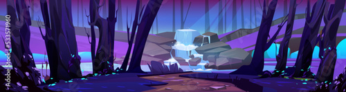 Summer forest with road, trees and cascade waterfall at night. Magic forest panorama, dark woods landscape with waterfall, stones, path, grass and bushes in moonlight, vector cartoon illustration