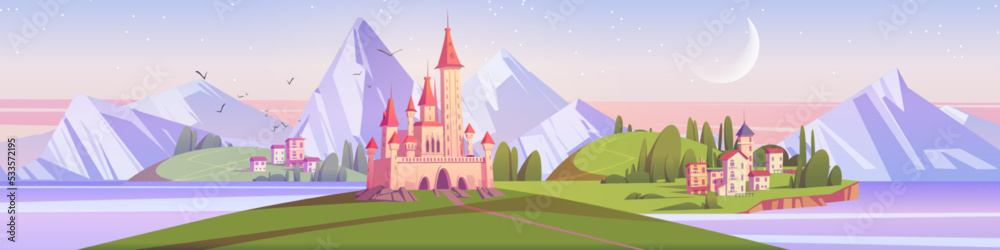 Medieval castle on island in sea at early morning. Summer mediterranean landscape of ocean shore, old city buildings, royal palace and mountains on horizon, vector cartoon illustration