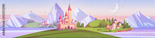 Medieval castle on island in sea at early morning. Summer mediterranean landscape of ocean shore, old city buildings, royal palace and mountains on horizon, vector cartoon illustration