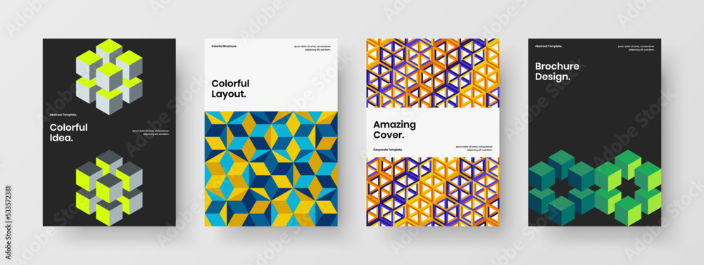 Simple book cover A4 design vector concept composition. Modern geometric hexagons annual report layout collection.