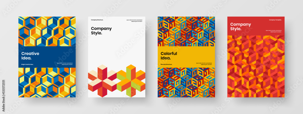 Fototapeta premium Creative geometric shapes journal cover template composition. Vivid corporate brochure design vector illustration set.