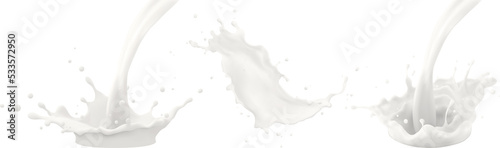 Milk jet, milky splash, vector realistic liquid white splash on isolated background. 3d illustration.