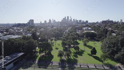 Sydney Skyline View From Redfern Park And Sports Complex In New South Wales, Australia. aerial ascend photo