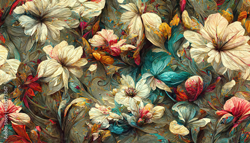 Artistic abstract flower pattern gorgeous flowers and petals ornament art design nature leaf illustration drawing, digital floral print painting vintage style wallpaper or background