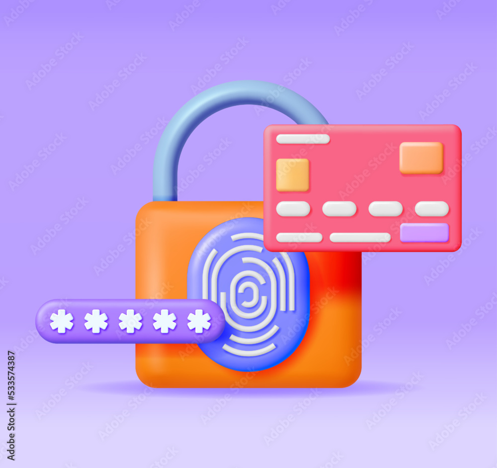 3D Padlock with Fingerprint, Password and Bank Card. Render Pad Lock Finger Print, Password Field and Credit Card. Secure Transaction and Login. Safety Biometric Online Shopping. Vector Illustration 3D Padlock with Fingerprint, Password and Bank Card. Render Pad Lock Finger Print, Password Field and Credit Card. Secure Transaction and Login. Safety Biometric Online Shopping. Vector Illustration