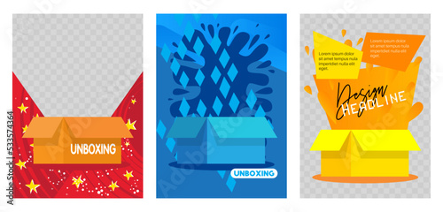 Unboxing poster. Banner template for celebration, holiday, shopping event. Design with dynamic shapes. Social media post.