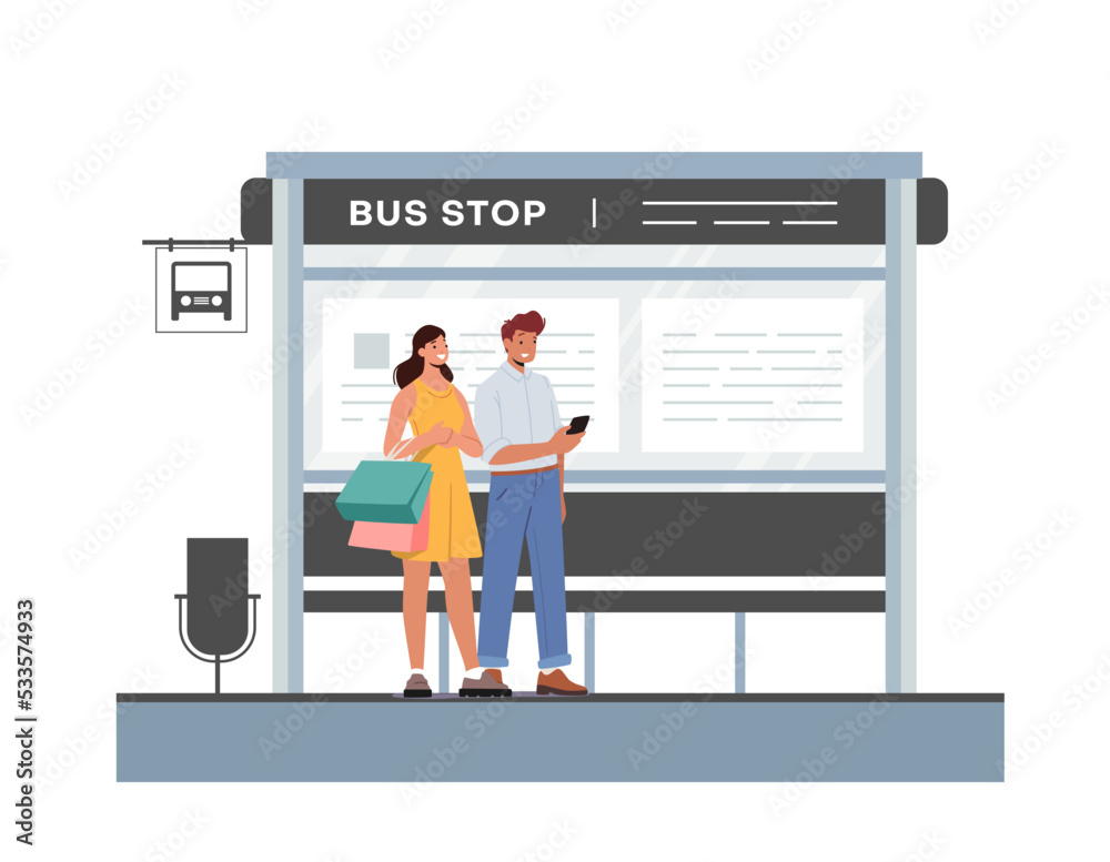 People on Bus Station, Man and Woman Characters Waiting Commuter City Transport Isolated on White Background