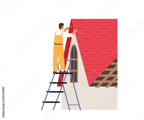 Roofer Man Renovate Residential Building Roof Construction. Worker Character Stand On Ladder Conduct Roofing Works