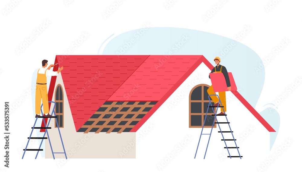 Worker Character On With Climbing Equipment Conduct Roofing Works, Repair Home, Tile House Rooftop, Roofer Man Work Worker Character On With Climbing Equipment Conduct Roofing Works, Repair Home, Tile House Rooftop, Roofer Man Work
