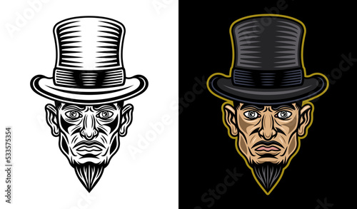 Magician or gambler in cylinder hat man head with mustache and goatee beard vector illustration in two styles black on white and colorful on dark background