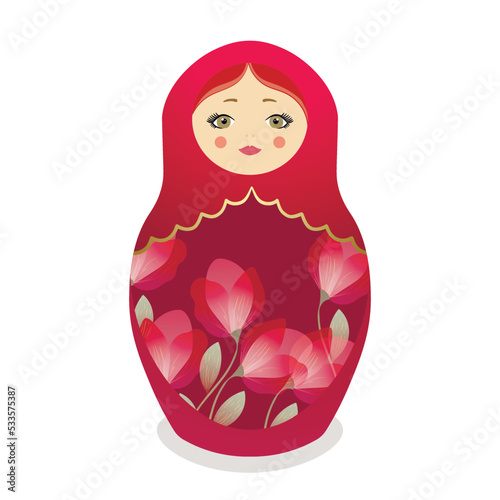 Russian Matryoshka. Traditional Russian folklore dolls with big eyes and lips. Babushka doll with hohloma, traditional painted floral pattern. Hand drawn vector illustration