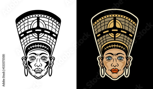 Head of nefertiti, ancient egyptian queen vector illustration in two styles black on white and colorful